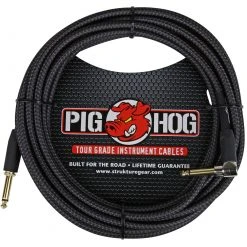 Ace Cables Pig Hog 20' Black Woven Instrument Cable, 1 Right Angle, 1 Straight 1/4" End, Li